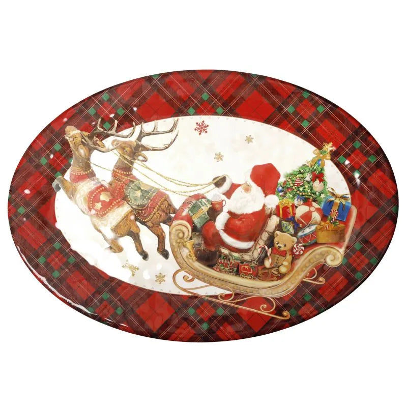 Fuente ovalada de melamina con diseño Christmas, de 50 cm de largo, sobre fondo blanco.