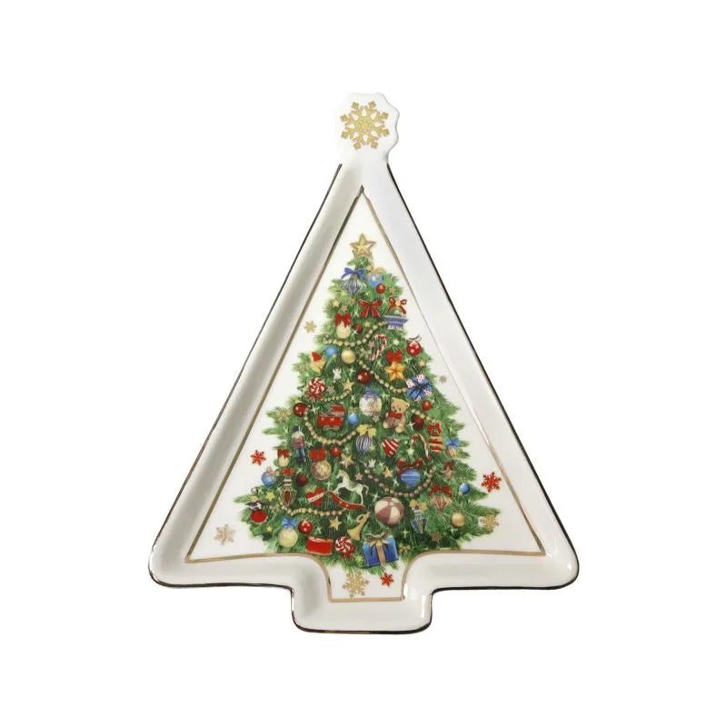 Fuente pequeña navideña de cerámica con diseño de árbol y estrella, colección Christmas de Brandani Gift Group.