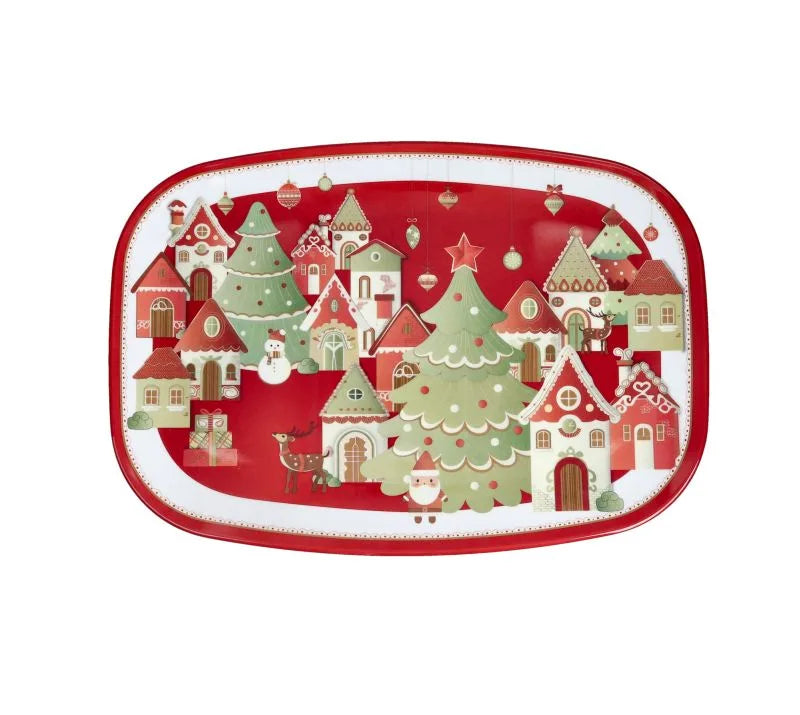 Fuente rectangular de melamina de 35 cm, con diseño festivo de la colección Villaggio In Festa de Brandani.