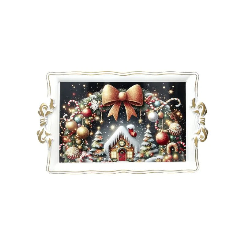 Fuente rectangular blanca de 50x30 cm con un lazo decorativo en el borde.