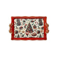 Fuente rectangular roja con lazo decorativo, dimensiones 50 x 30 cm.