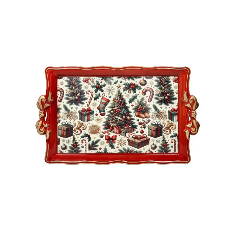 Fuente rectangular roja con lazo decorativo, dimensiones 50 x 30 cm.