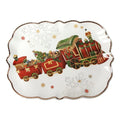 Fuente rectangular de cerámica con diseño navideño de un tren, marca Brandani Gift Group.