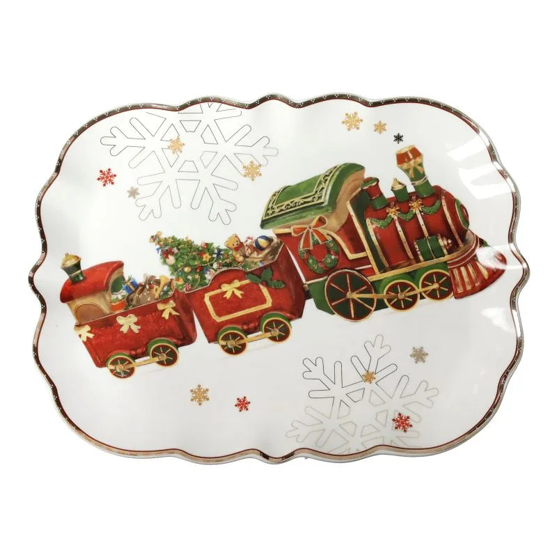 Fuente rectangular de cerámica con diseño navideño de un tren, marca Brandani Gift Group.