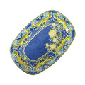 Fuente rectangular de cerámica azul de la colección Citrus Blu, con dimensiones 34,5x23 cm.