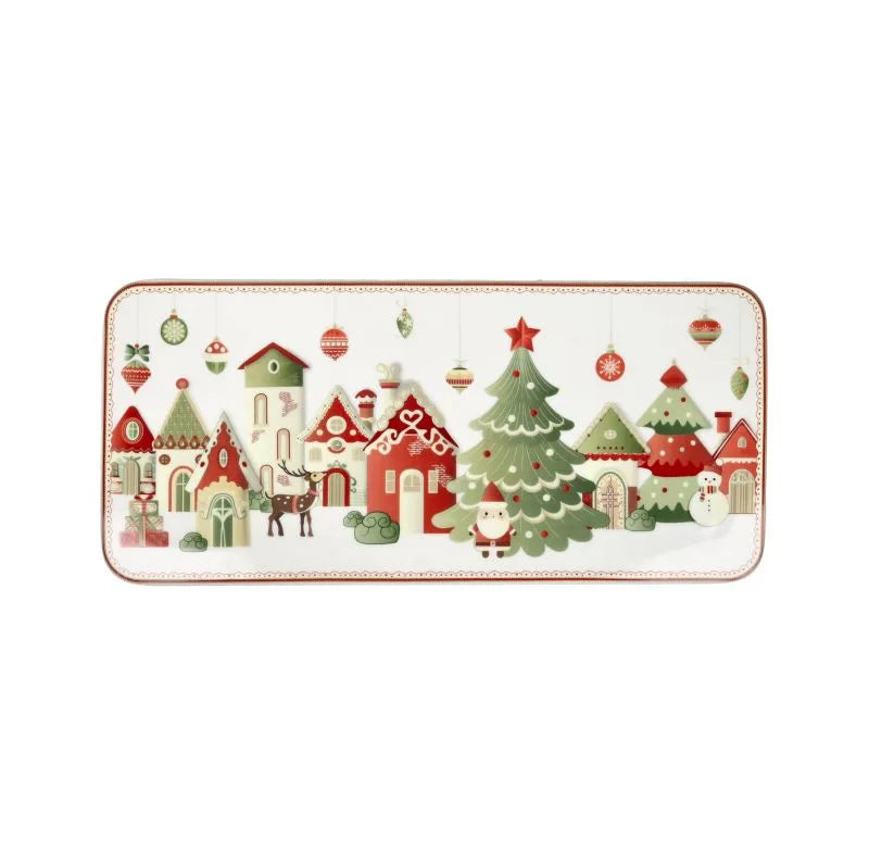 Fuente rectangular "Villaggio In Festa" de Brandani, con diseño festivo y dimensiones de 40 x 18 cm.