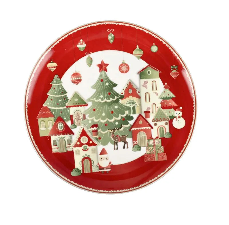 Fuente redonda de cerámica italiana, colección Villaggio In Festa, con un diseño navideño de un pueblo festivo, diámetro.