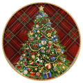 Fuente para tarta redonda de cerámica blanca con diseño tartan rojo y verde, borde festoneado, ideal para Navidad.