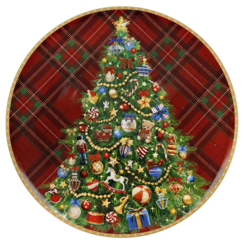 Fuente para tarta redonda de cerámica blanca con diseño tartan rojo y verde, borde festoneado, ideal para Navidad.