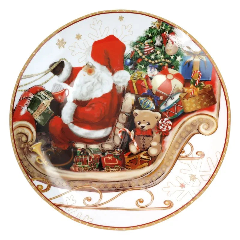 Fuente de tarta honda de cerámica blanca con diseño navideño de la colección Christmas de Brandani.