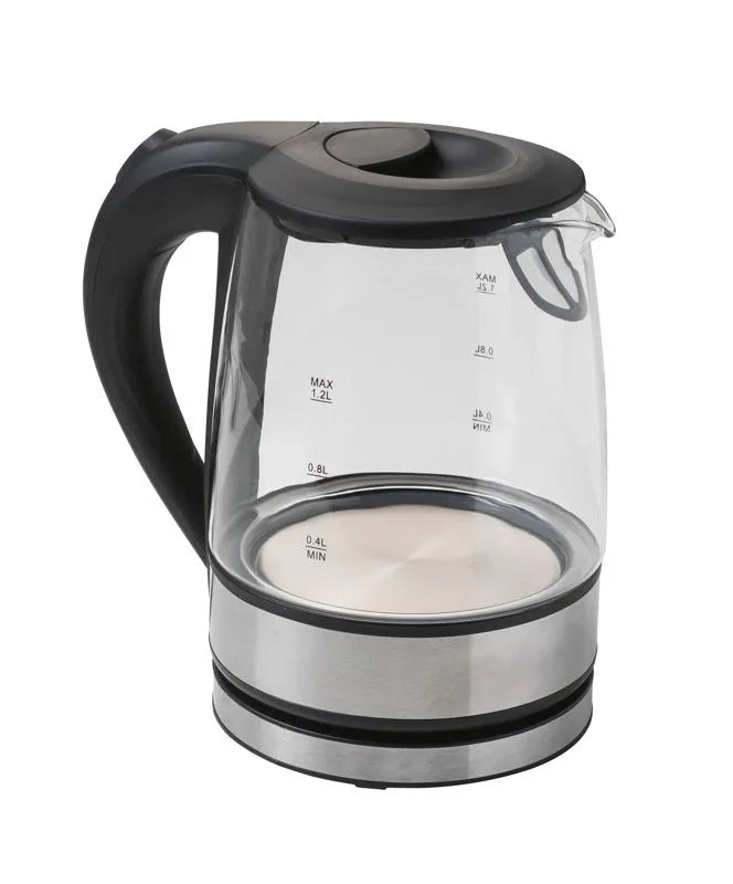 Hervidor eléctrico de 1.2 litros de la colección Techno, con cuerpo de cristal y detalles en acero inoxidable.