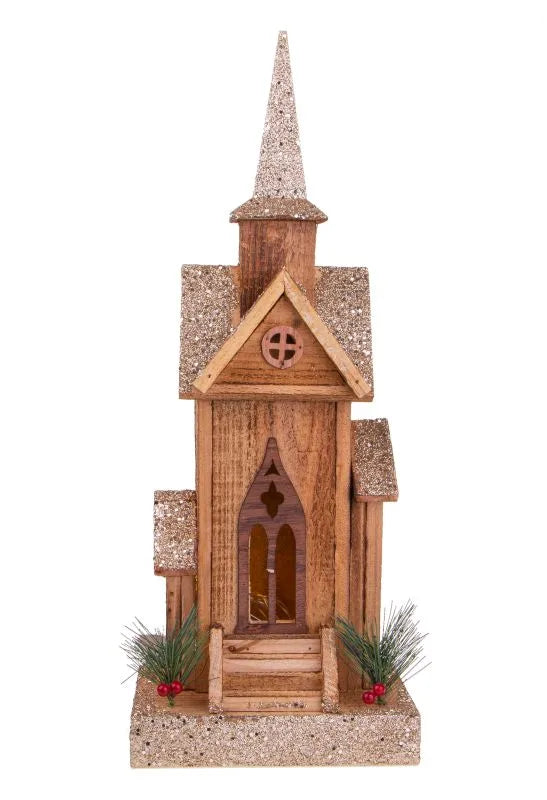 Iglesia decorativa navideña dorada con 5 luces LED, altura 49 cm.