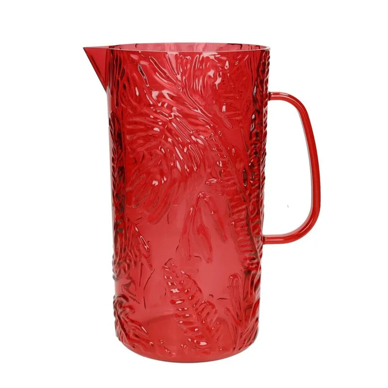 Jarra de acrílico roja con diseño tropical, vista frontal.