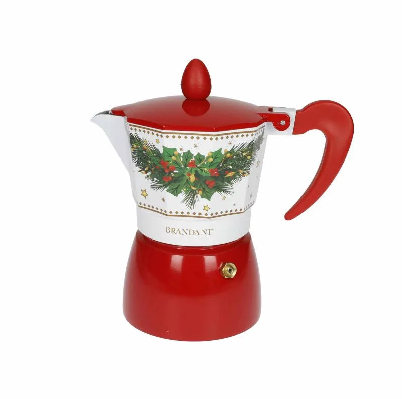 Cafetera de 3 tazas con diseño navideño de la colección Christmas de Brandani, sobre fondo blanco.