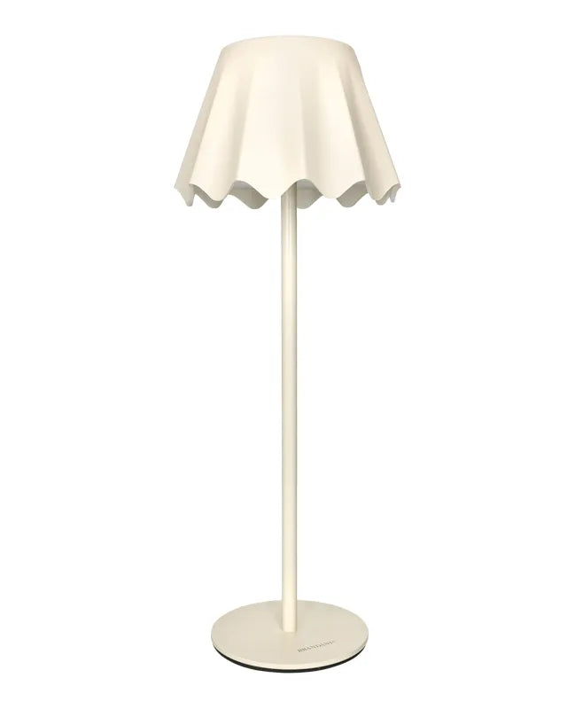 Lámpara LED táctil Ondina Avario en color marfil, con base cuadrada y cuerpo alto y estilizado.