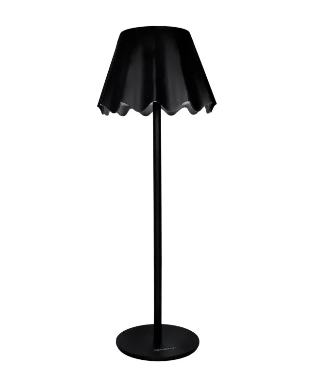 Lámpara de mesa LED táctil Ondina en color negro, con base cuadrada y cuerpo cilíndrico.