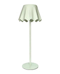 Lámpara de mesa LED táctil modelo Ondina en color verde, con base cuadrada y pantalla cilíndrica.