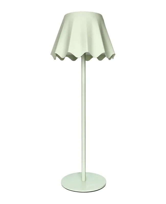 Lámpara de mesa LED táctil modelo Ondina en color verde, con base cuadrada y pantalla cilíndrica.