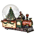 Locomotora decorativa navideña de Brandani Gift Group con bola y carillón, sobre fondo blanco.