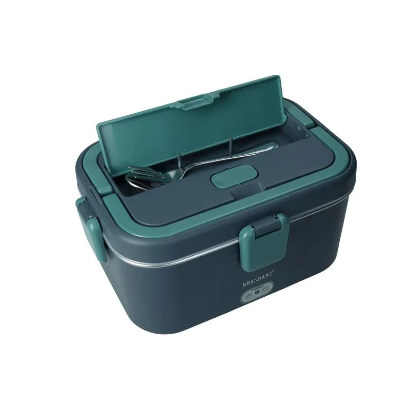 Fiambrera térmica azul de acero inoxidable y PP con cubiertos y bolsa contenedora.