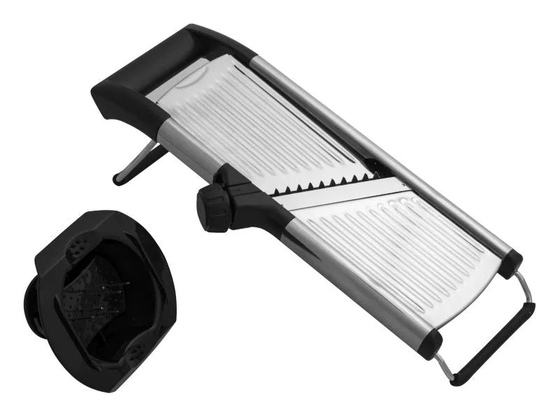 Mandolina "All in One" de la Techno Collection en acero inoxidable, vista frontal.