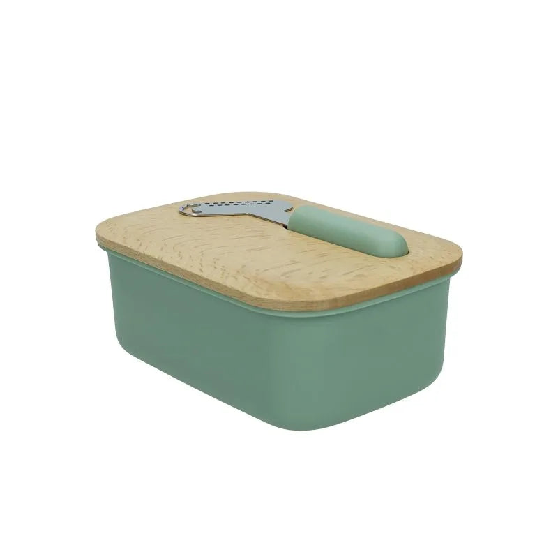Mantequera verde con tapa de madera y cuchillo a juego, Brandani Gift Group.