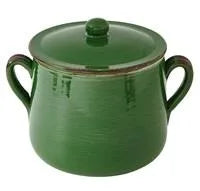 Marmita verde de terracota con tapa, vista frontal.