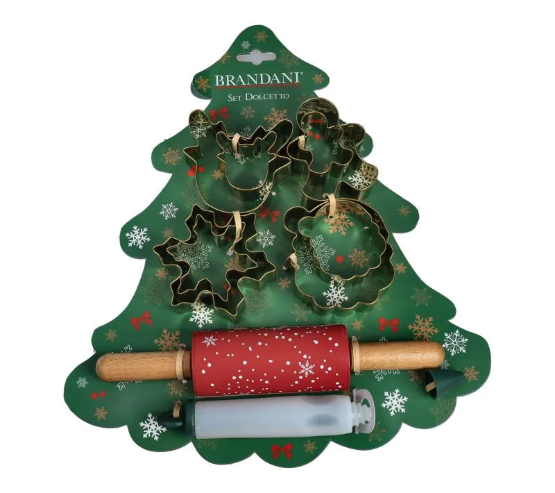 Molde para galletas navideñas con forma de árbol de Navidad, jeringa de decoración y rodillo de silicona.