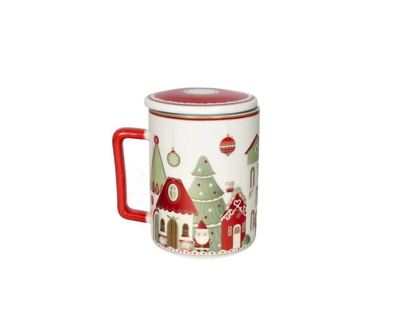 Taza tisanera de cerámica blanca, colección Villaggio In Festa, con tapa y filtro.