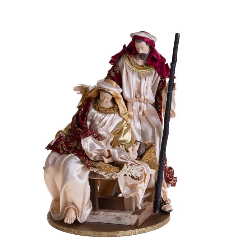 Figura de Nacimiento de Navidad en color rojo y dorado, con base, de 23 cm de diámetro y 35 cm de altura.