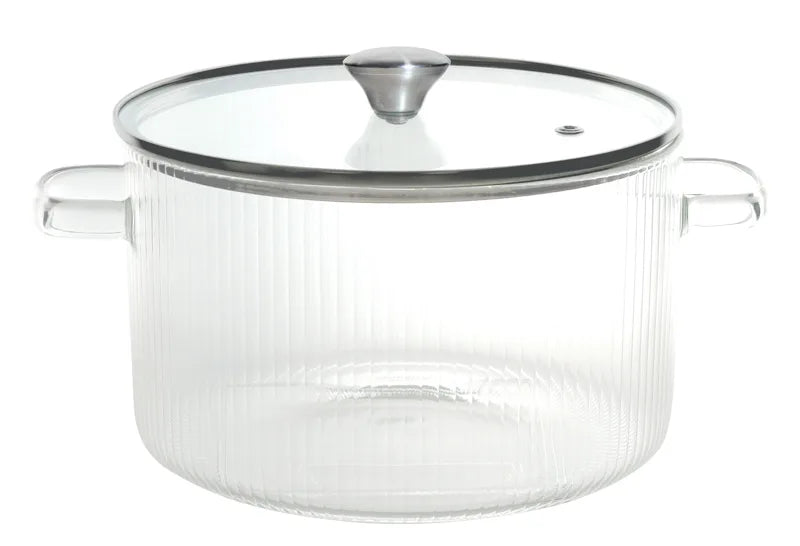 Olla de vidrio borosilicato de 1.5 litros con tapa transparente, vista frontal.