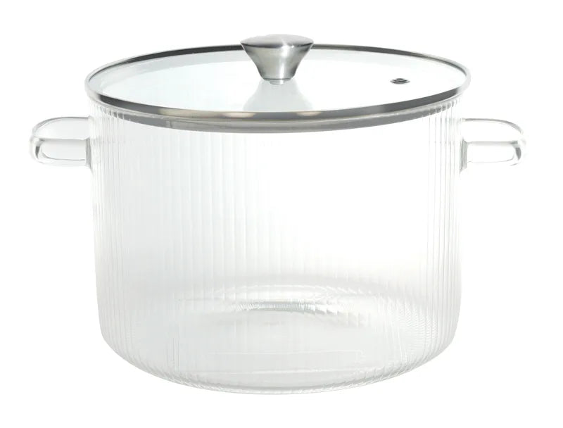 Olla de vidrio borosilicato transparente con tapa, capacidad 3 litros.