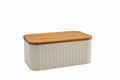 Panera marfil con tapa de bambú natural, ideal para cortar pan.