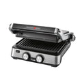 Parrilla eléctrica doble abierta, con placas antiadherentes y acabado en acero inoxidable.