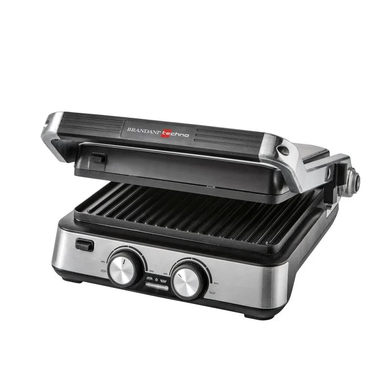 Parrilla eléctrica doble abierta, con placas antiadherentes y acabado en acero inoxidable.