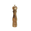 Pimentero de 27 cm con cuerpo de madera, detalles en acero inoxidable y tapa de cerámica blanca.