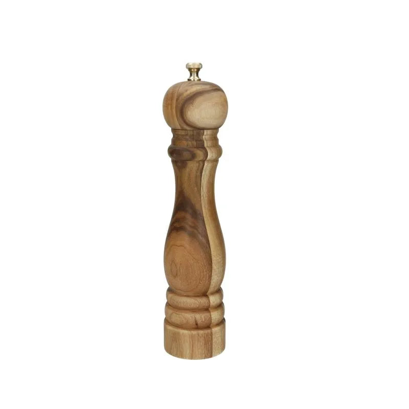Pimentero de 27 cm con cuerpo de madera, detalles en acero inoxidable y tapa de cerámica blanca.