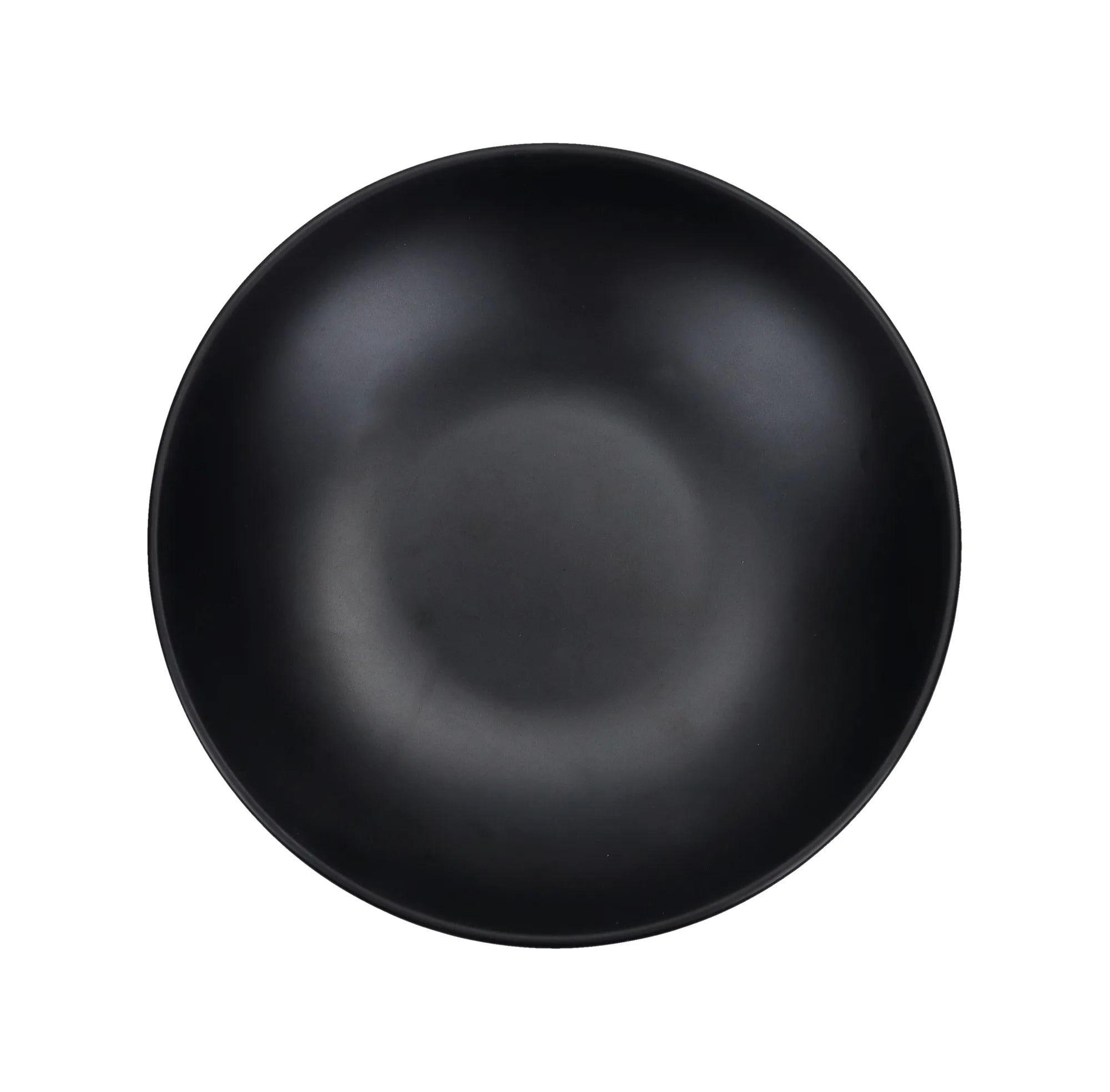 Plato hondo negro mate de melamina de 21.5 cm con borde sutil, colección Black Eclipse.