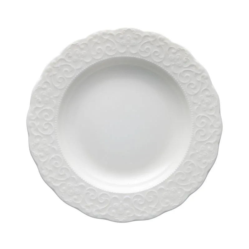 Plato hondo Gran Gala en Bone Porcelain, con borde decorado y acabado blanco brillante.