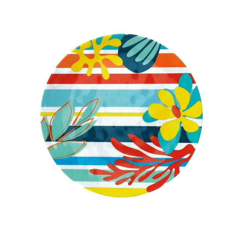 Plato llano Brandani Tahiti de melamina blanca con un diseño sutil.
