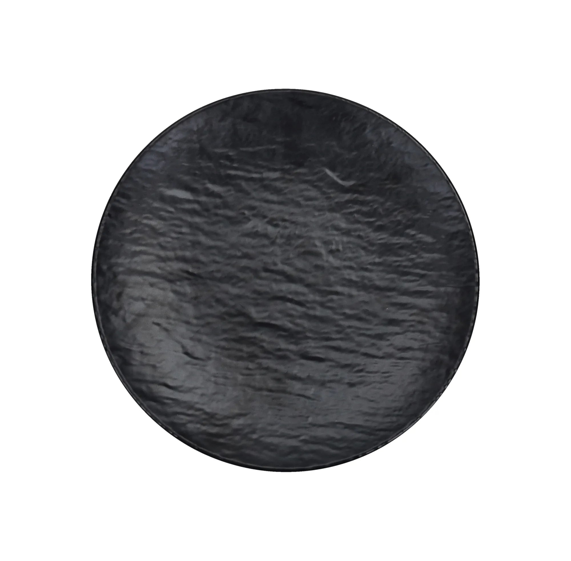 Plato de postre de melamina negra con borde sutil, colección Black Eclipse, de Brandani Gift Group.
