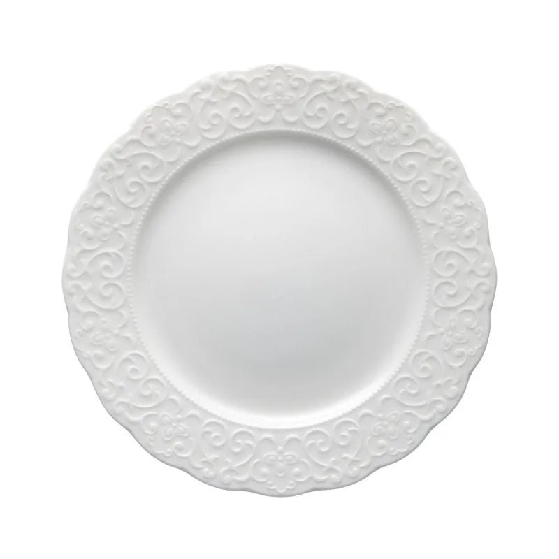 Plato de postre Brandani Gran Gala de porcelana blanca con borde dorado.