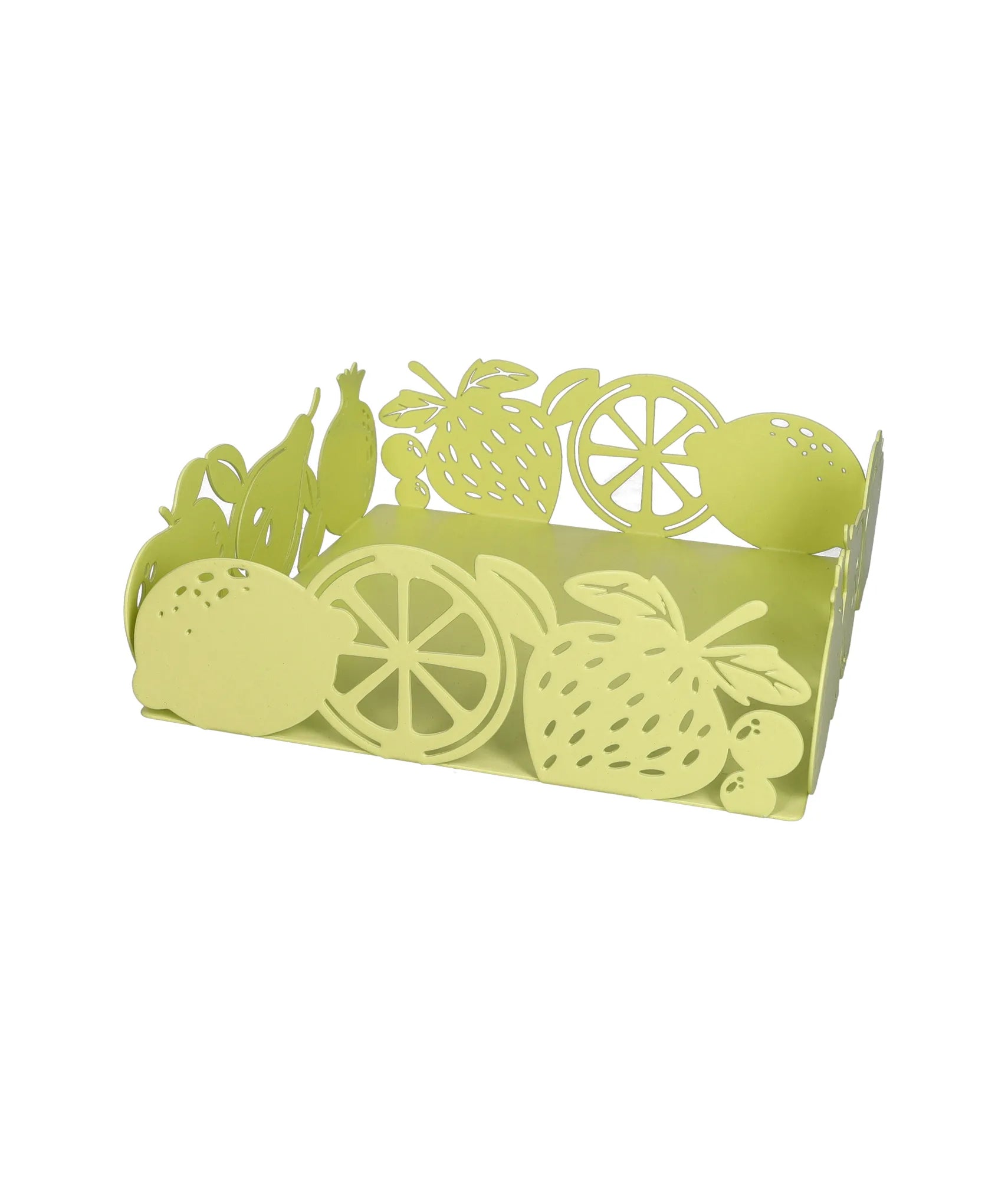 Servilletero de cerámica con diseño de fruta en color amarillo, dimensiones 17.5 x 17.5 x 6 cm.