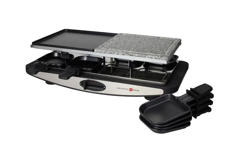 Raclette grill Brandani con doble placa de granito y aluminio, mostrando su diseño italiano.