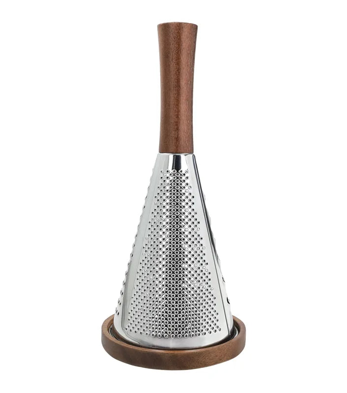 Rallador cónico 3 en 1 Brandani con base de madera, mostrando sus tres tipos de rallado.