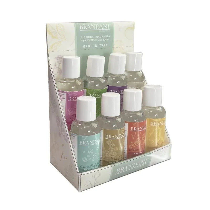 Recarga de fragancia de 100 ml con tapa, lista para usar en difusores Brandani.