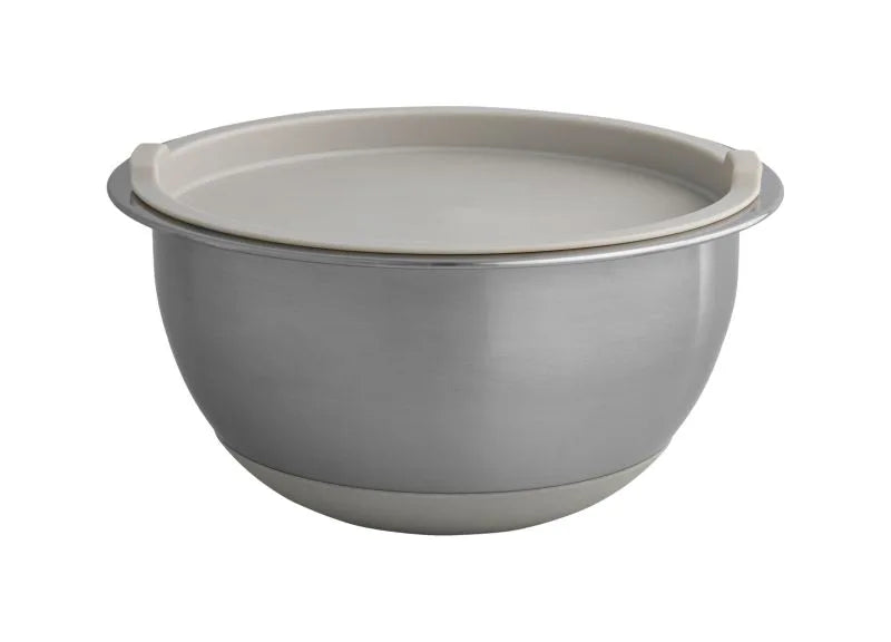 Recipiente Bombin gris de acero inoxidable con base y tapa de silicona.