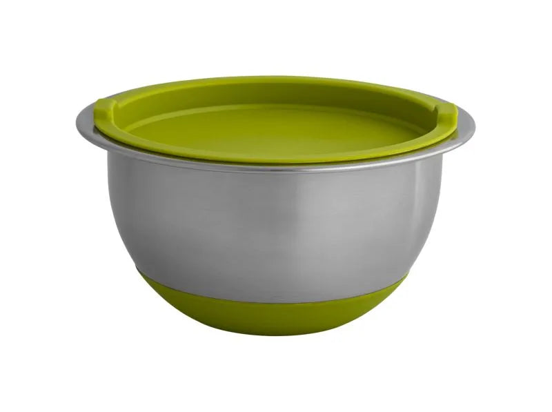 Recipiente Bombin verde de 19 cm fabricado en acero inoxidable con tapa y base de silicona.