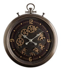 Reloj de pared de metal con mecanismo mecánico visible, acabado plateado.
