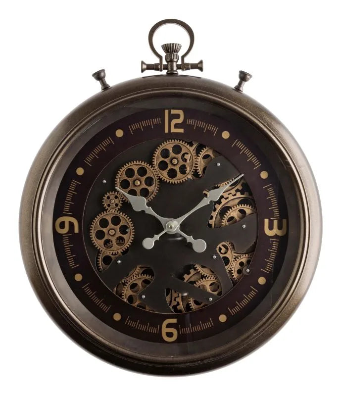Reloj de pared de metal con mecanismo mecánico visible, acabado plateado.